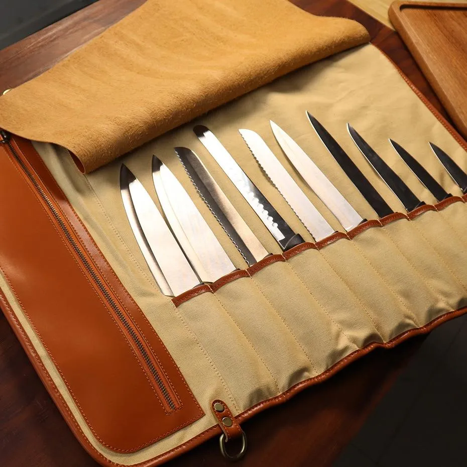 10 Slots High Quality Synthetic Leather Chef Knives Roll Bag