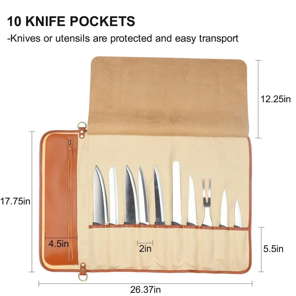 10 Slots High Quality Synthetic Leather Chef Knives Roll Bag