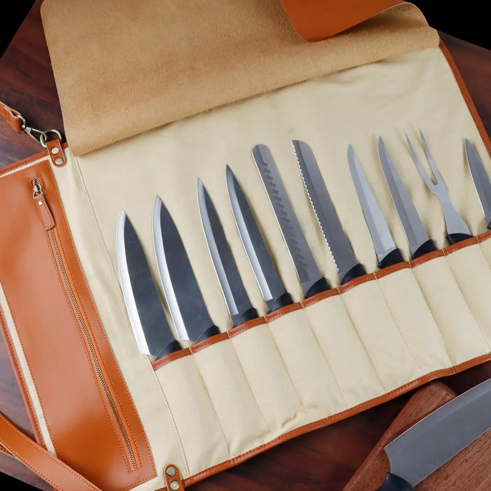 10 Slots High Quality Synthetic Leather Chef Knives Roll Bag