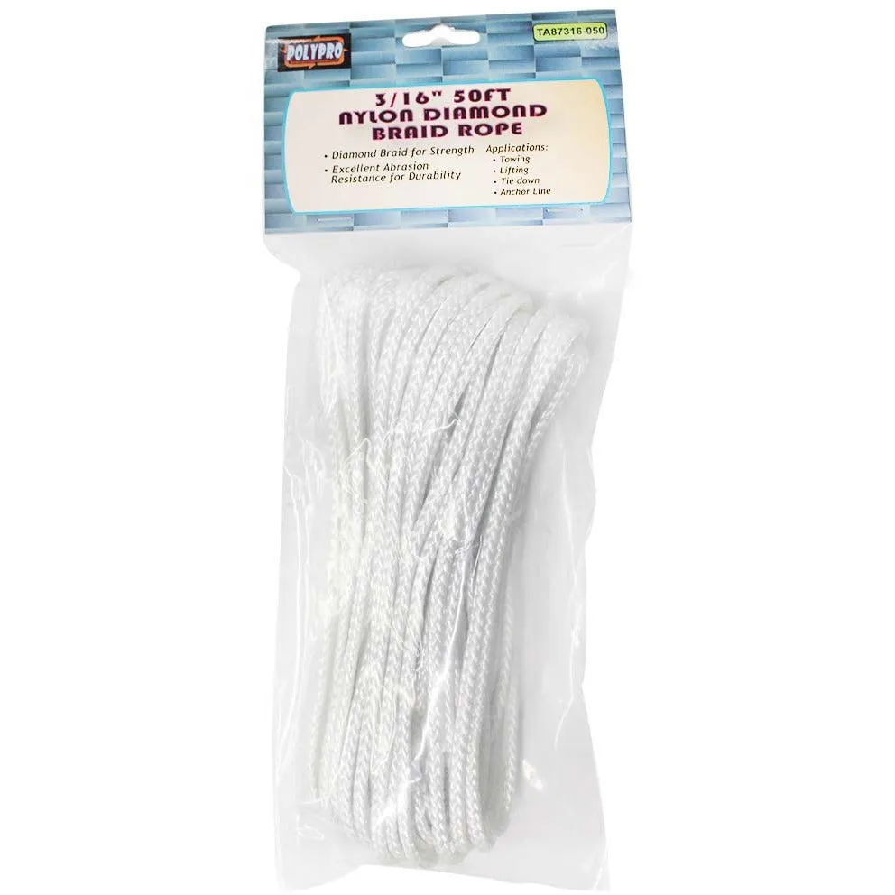 3/16" X 50' Diamond Braided Nylon, Multi-Purpose Rope With 90 Pound Working Load Capacity  - TA87316-050