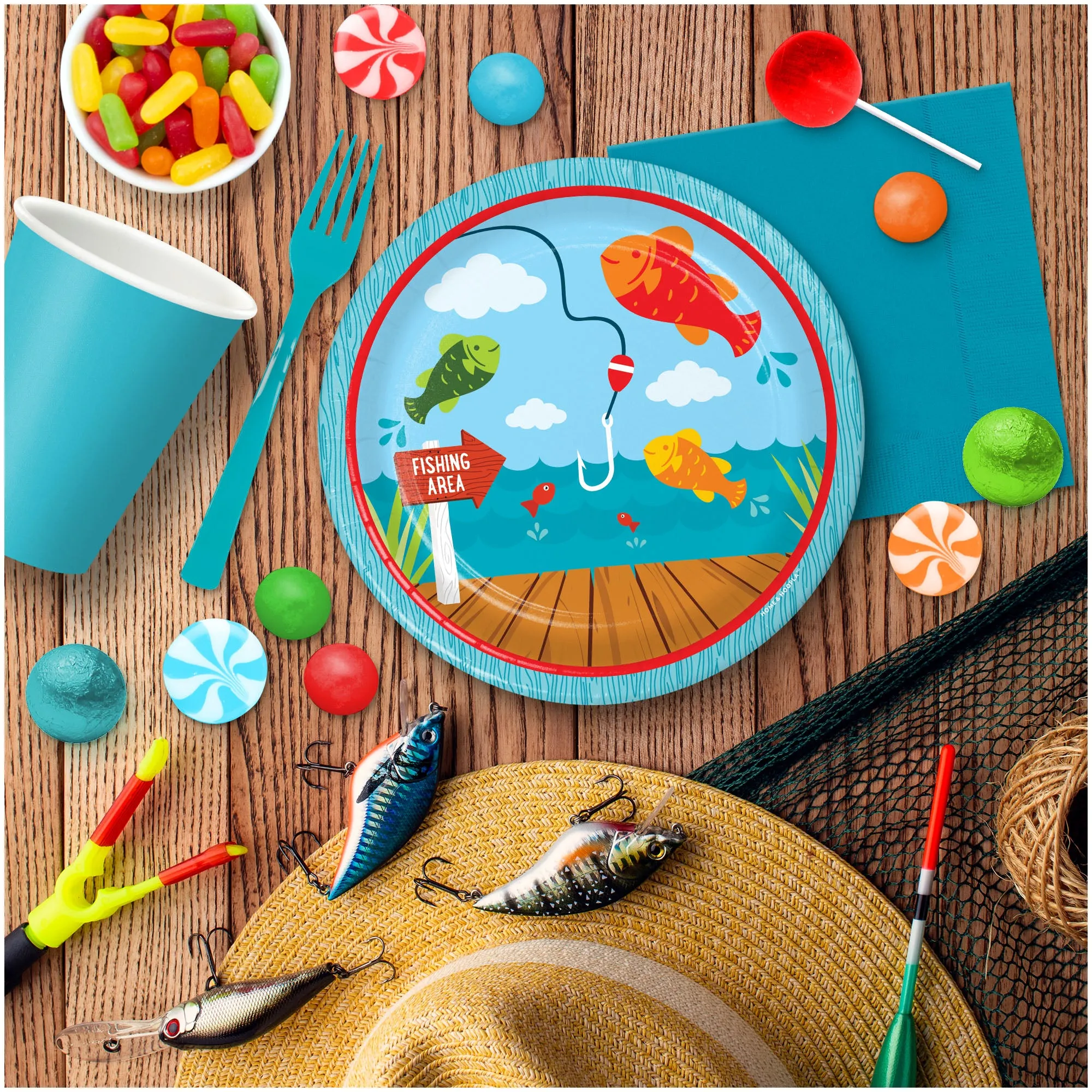 Camping and Fishing Party Supplies - Fisherman Round Paper Dessert Plates for 16 Guests