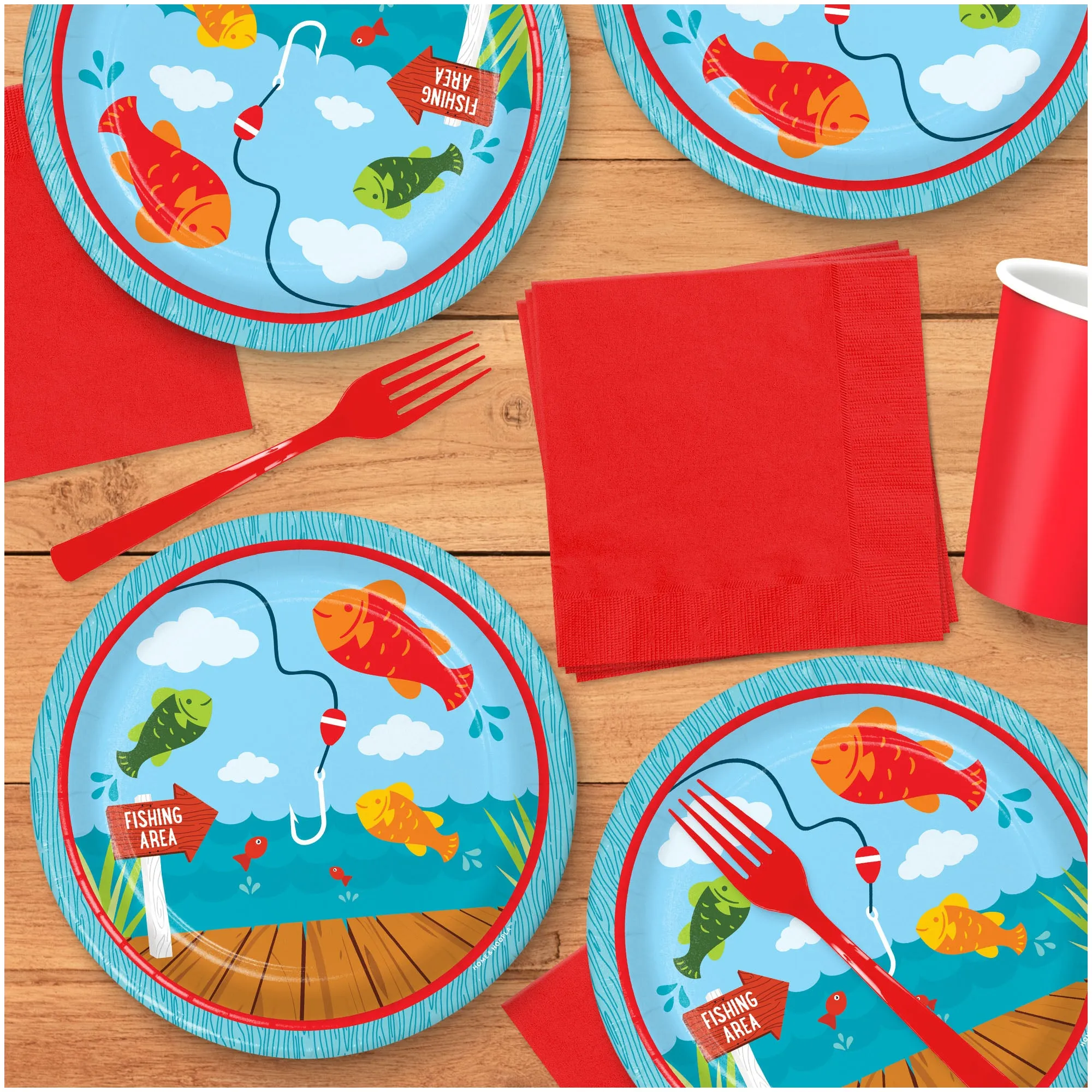 Camping and Fishing Party Supplies - Fisherman Round Paper Dessert Plates for 16 Guests