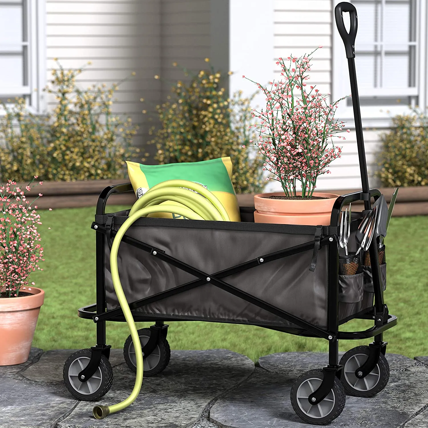 Collapsible Folding Outdoor Utility Wagon with Cover Bag, Black