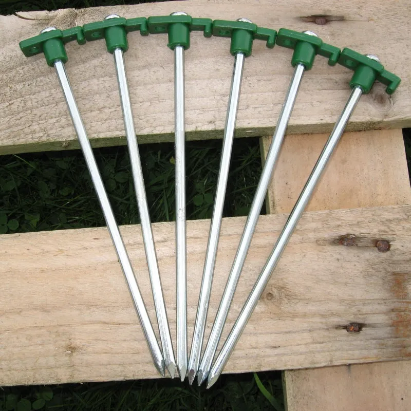 Pegs: 9" Rock Pegs x 6. Steel. New. Green Topper.
