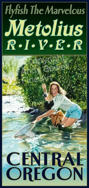 "Fish The Metolius" Vintage Look Fly Fishing Pin-Up Poster/Print from Original watercolor