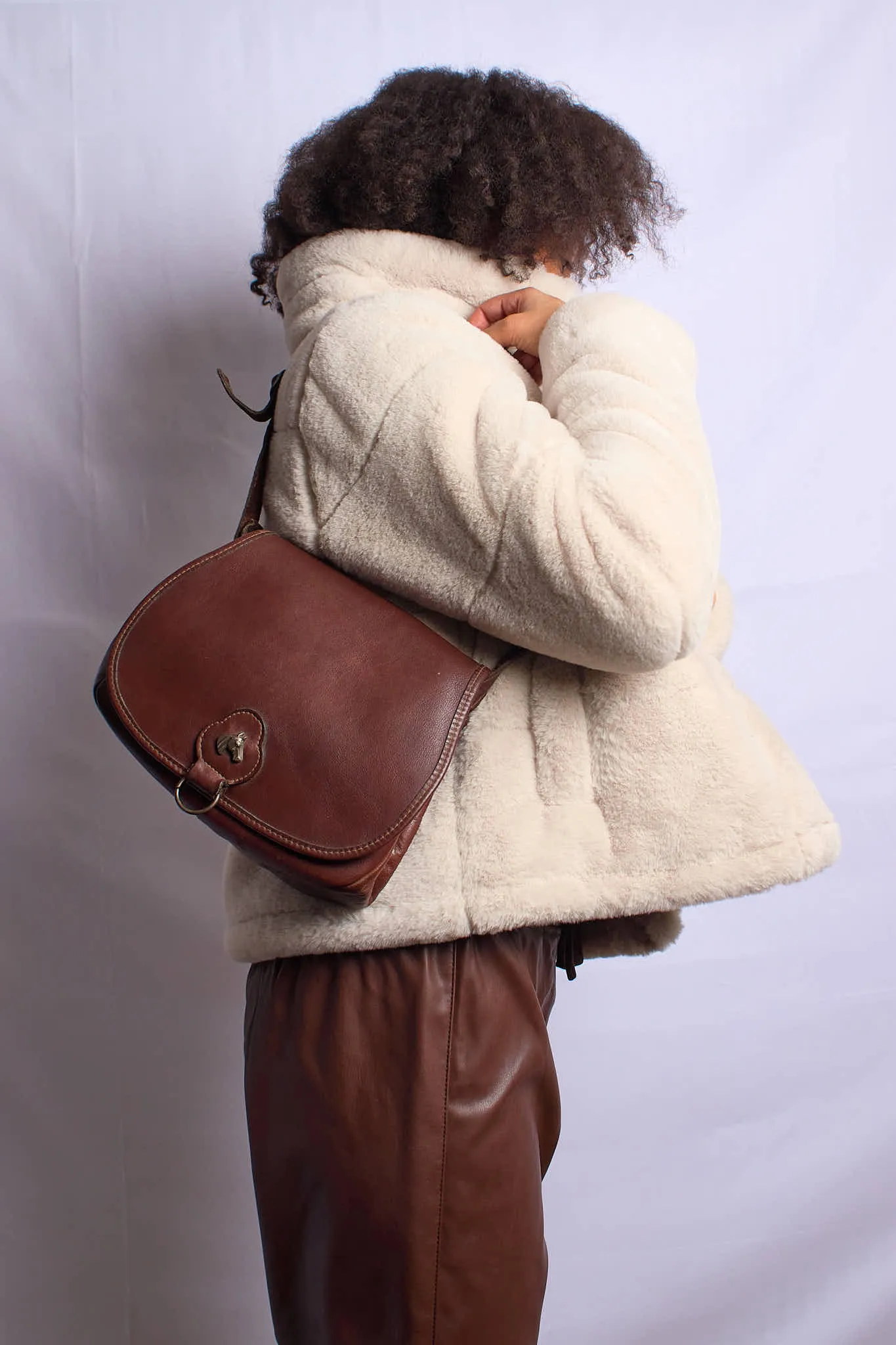 Vintage 1960s Leather Bag With Antique Brass Horse