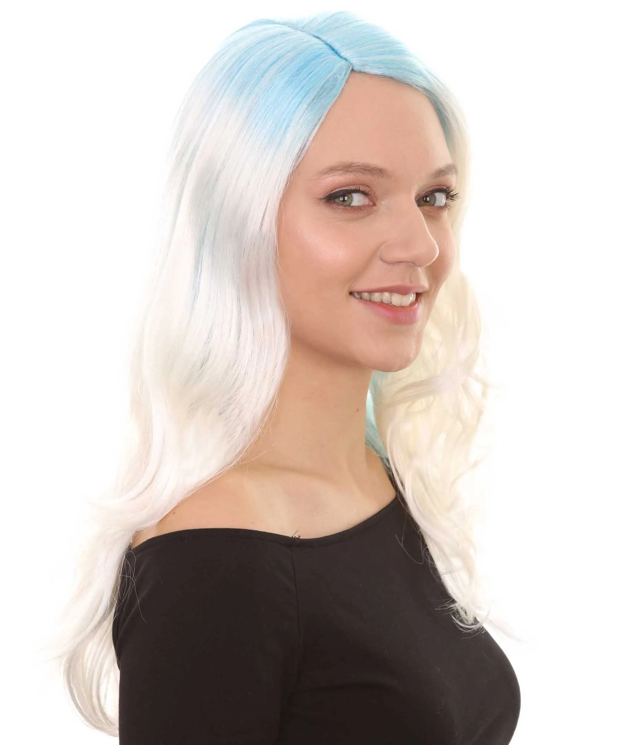 Womens Long Wavy Two-tone Wig | Blue & White Colorful Wigs | Premium Breathable Capless Cap