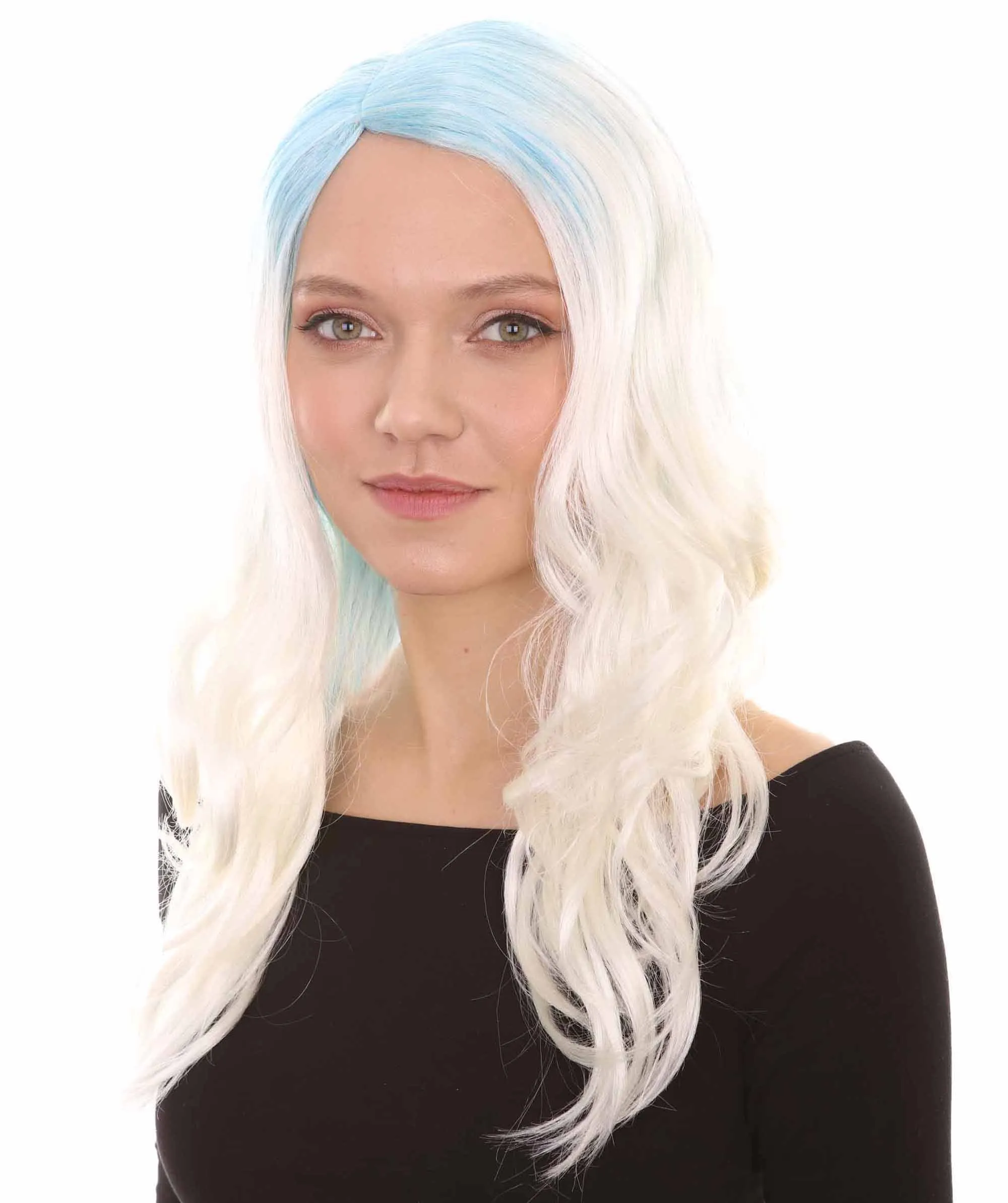 Womens Long Wavy Two-tone Wig | Blue & White Colorful Wigs | Premium Breathable Capless Cap